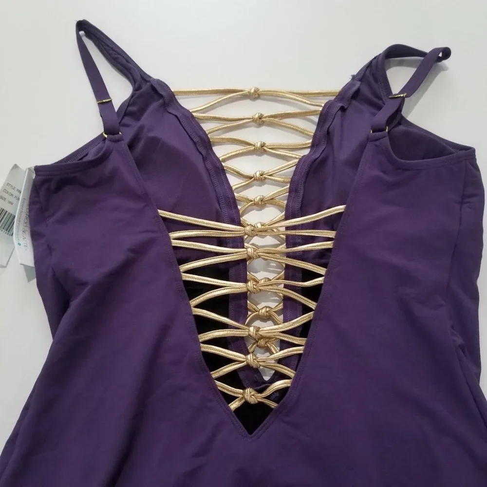 Bleu by Rod Beattie Kore One Piece High Neck Lace Down Swimsuit Purple Size 16W - Picture 10 of 13